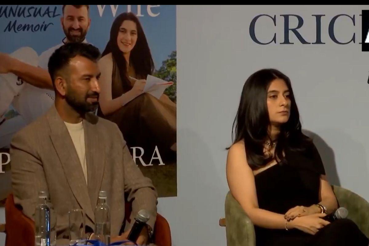 Cheteshwar Pujara and his wife Puja at the launch of her book, 'The Diary Of A Cricketer's Wife' in Mumbai on Friday